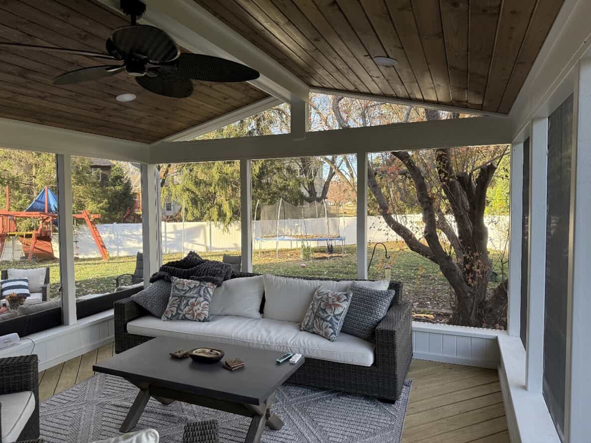 Inside of a custom Archadeck screened porch in Naperville,IL.